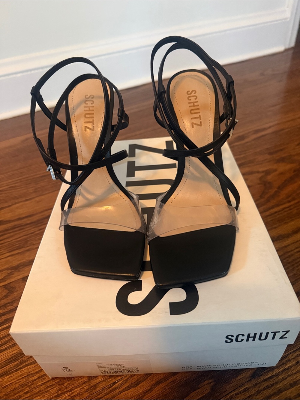 SCHUTZ Aisha Black Strappy Square-Toe Sandals with Clear Toe Band